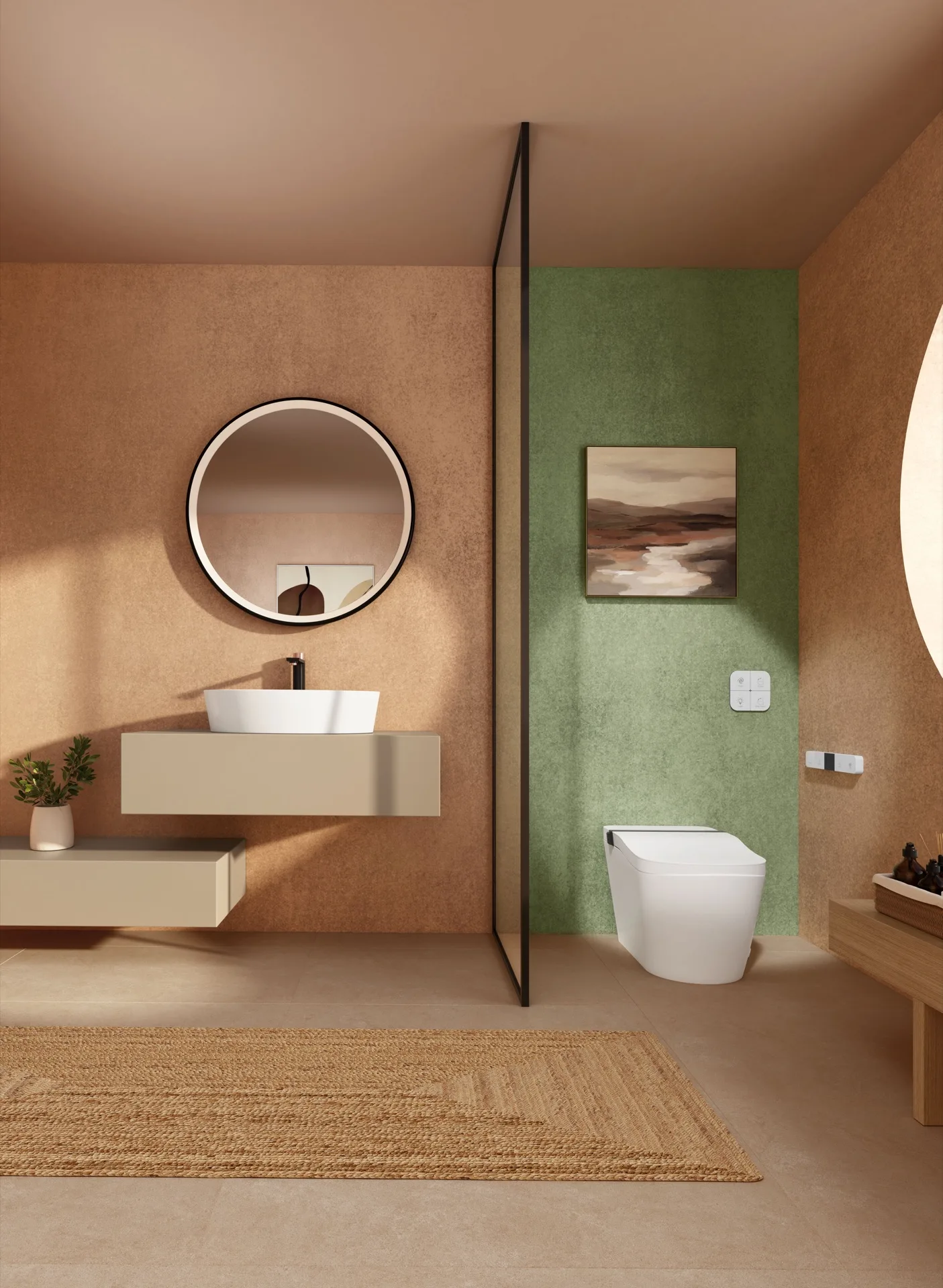 Terracotta clay and copper bathroom tile ambience