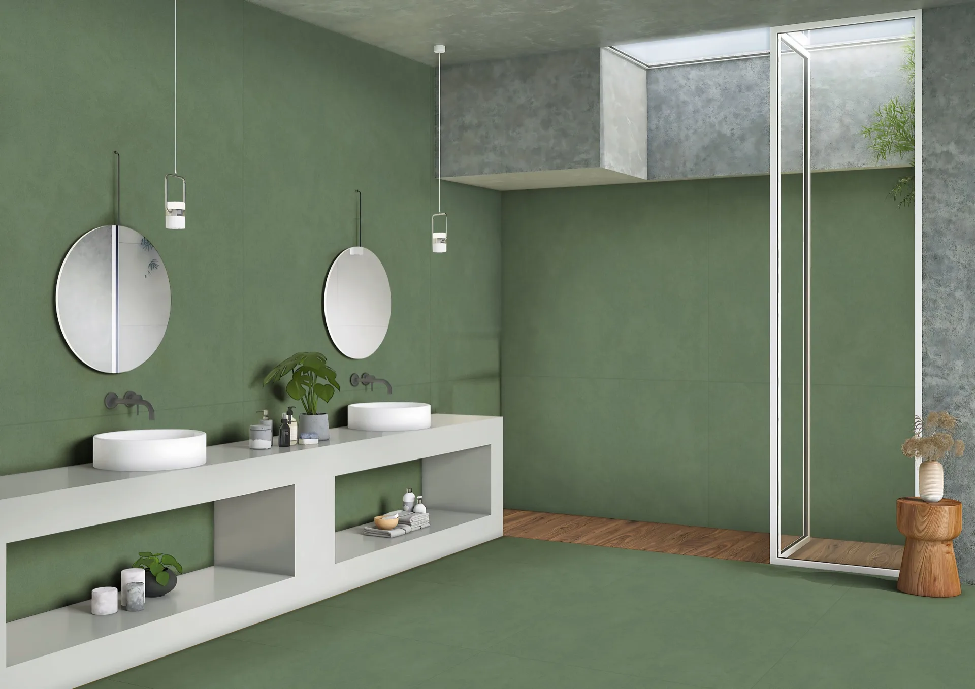 Olive green Colorato bathroom tiles with dual vessel sinks