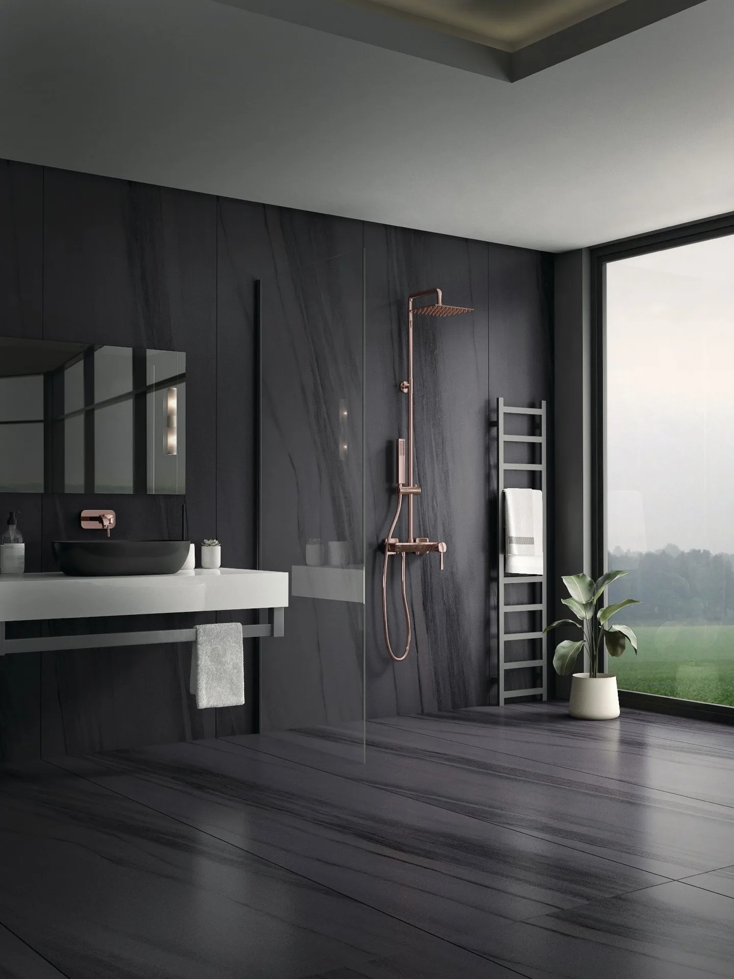 Dark deep-tone bathroom tiles with rose gold fixtures