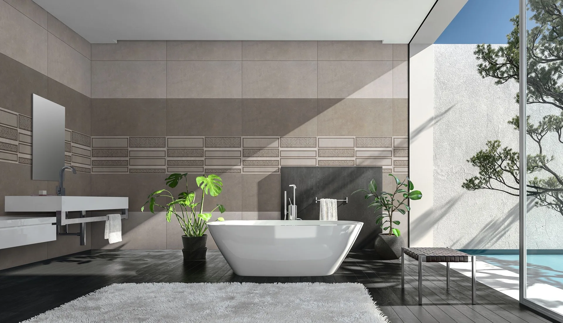 Grey and greige large-format bathroom tiles