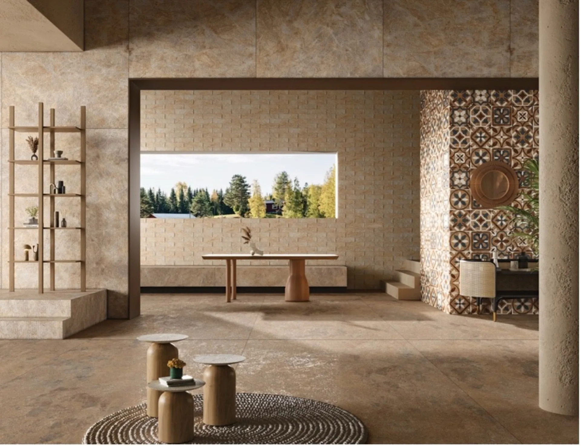 Warm neutral bathroom and lounge tile setting